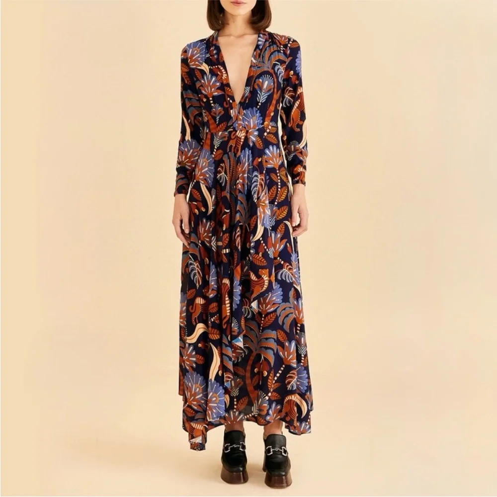 NWT Farm Rio Nature Beauty Blue Long Sleeve Maxi Dress Boho Fall - Picture 8 of 9